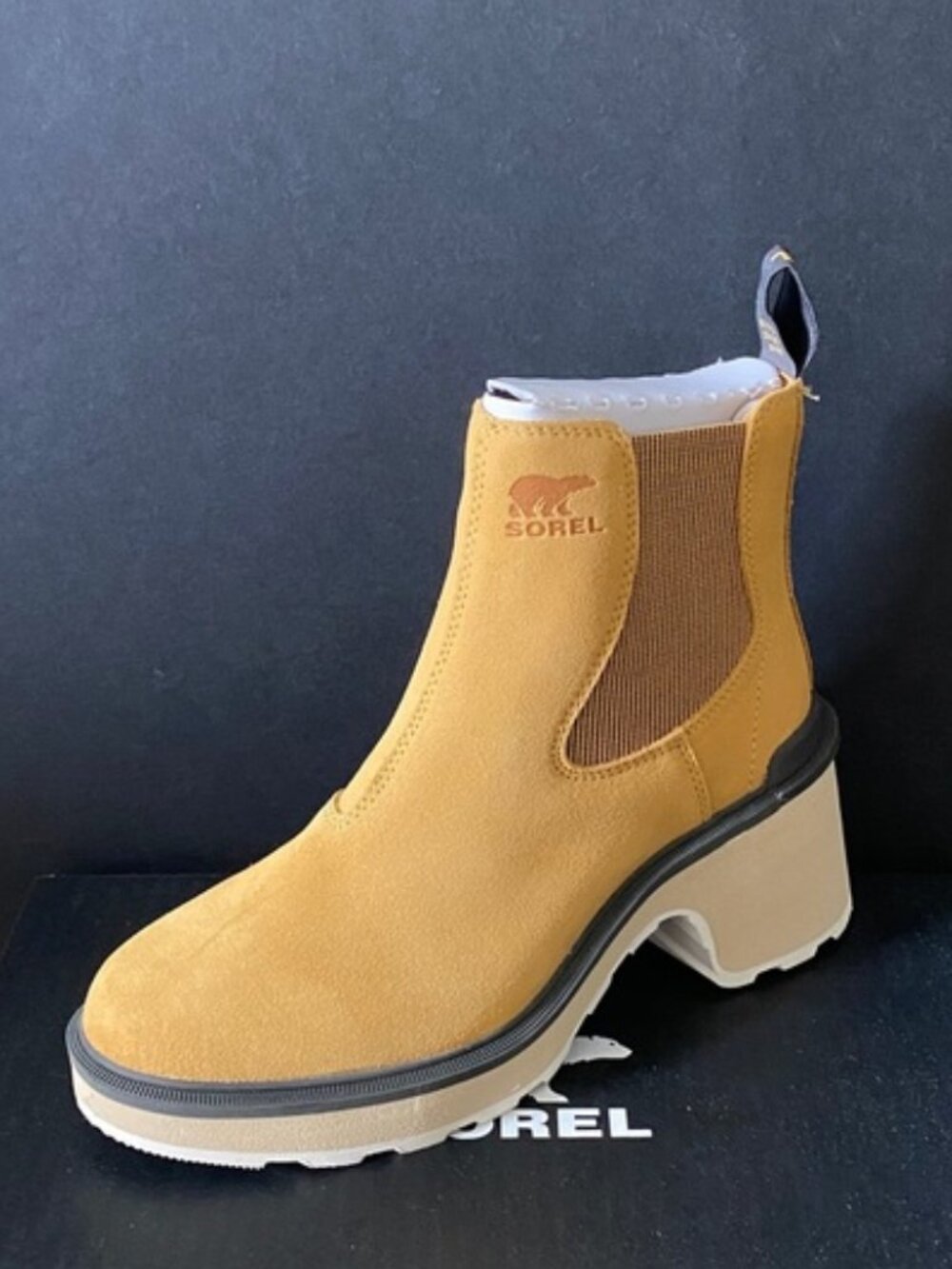 Sorel Hi Line Chelsea Heels Geo Yellow Ankle Short Boots Booties Shoes Pumps NEW - Picture 1 of 4